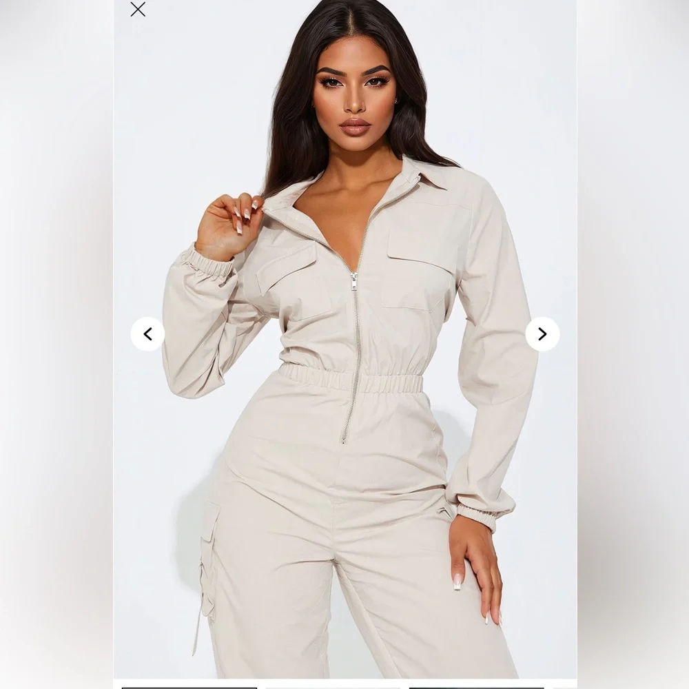 Cream and Silver High-Waisted Jumpsuit with Tapered Legs - Picture 2 of 5